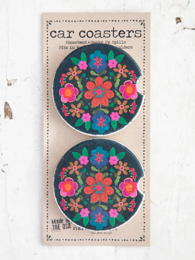Car Coasters, Set of 2 - Folk Flower