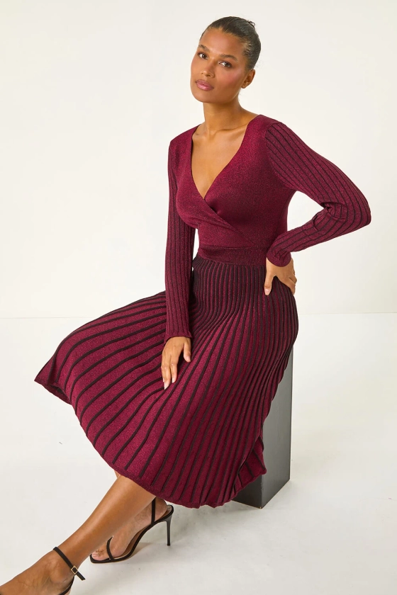 Wine Lurex Wrap Knitted Midi Dress | Roman UK