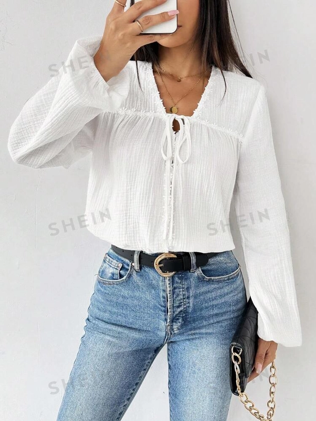 SHEIN Relaxiva Blouse décontractée à nœud frontal de couleur unie pour femme, printemps automne