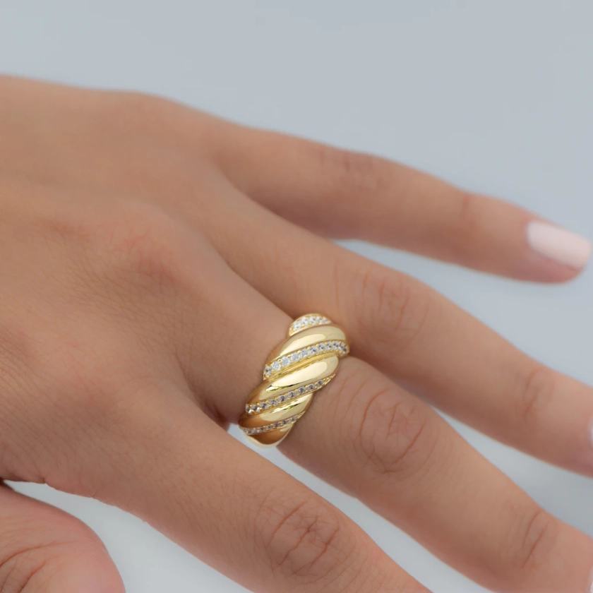 Croissant Ring, Gold Croissant Ring, Twist Ring, Chunky Ring, Dome Ring, Statement Ring, Twisted Ring, Rope Ring Gift for Her Christmas Gift