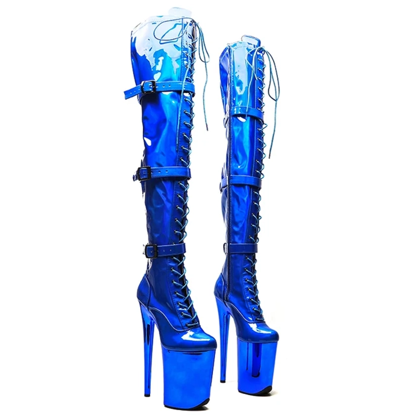 Leecabe 23CM/9inches Shiny PU upper Sexy boots Fashion trend electroplate High Heels Platform Pole Dance shoes