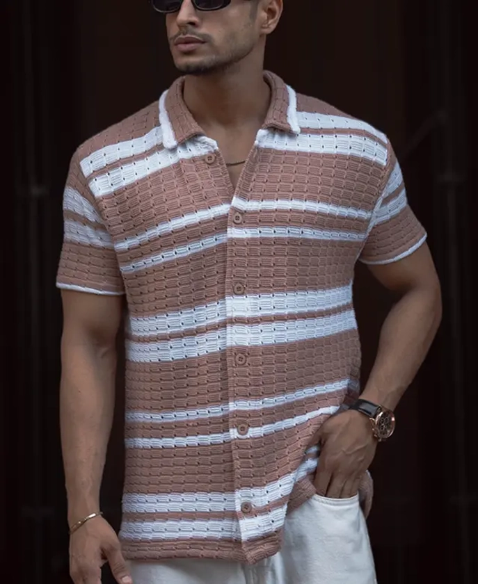 Beige And White Striped Regular Fit Half Sleeves Shirt