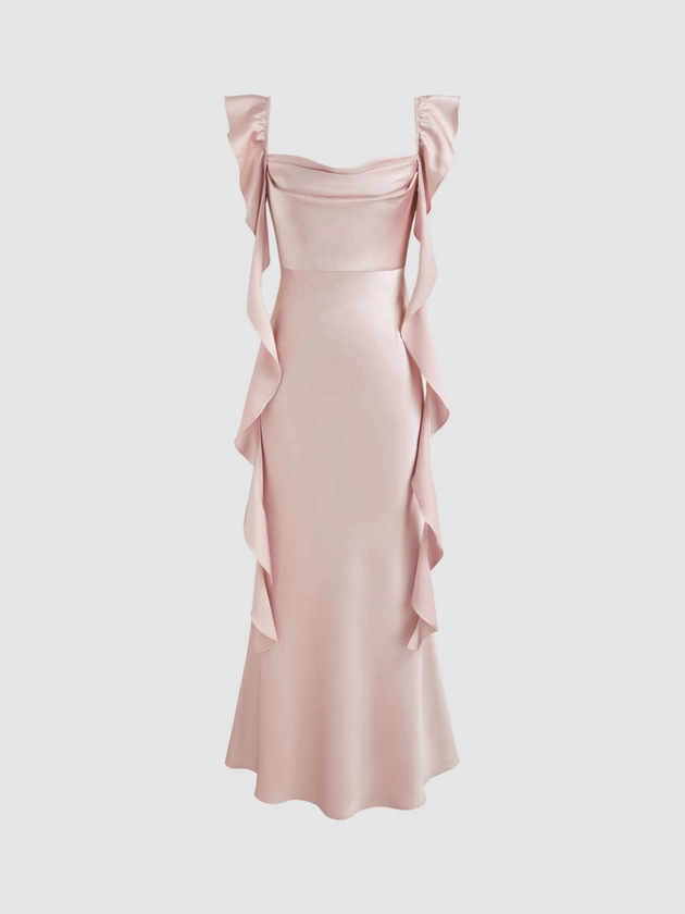 Satin Cowl Neck Solid Ruffle Hem Maxi Dress