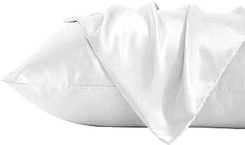 BEDSUM 2 Pack Standard Silk Satin Pillowcases for Hair and Skin, Silky Soft and Luxurious Bedding Pillow Cases with Envelope Closure, 20x26 Inches, White