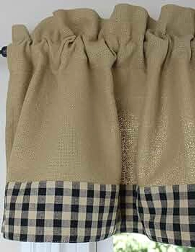 Cotton Burlap with Check Black Border 72' x 16' Valance by Primitive Home Decors, Tan