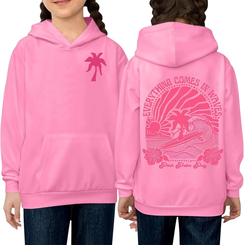 Pink Palm Puff Hoodie for Kids Cute Pink Graphic Hoodie Teen Girls Preppy Long Sleeve Hooded Sweatshirt With Pockets