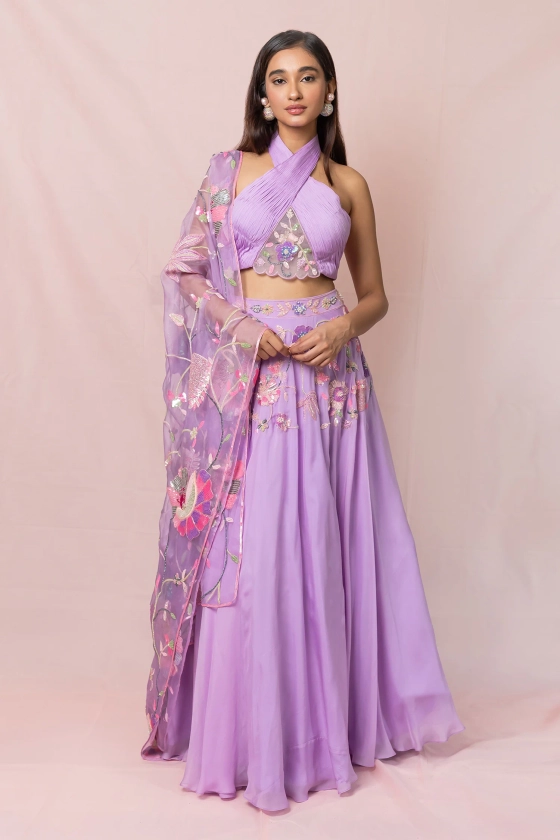 Buy Purple Flat Chiffon Embroidery Floral Halter Neck Lehenga Set For Women by Pinup By Astha Online at Aza Fashions.