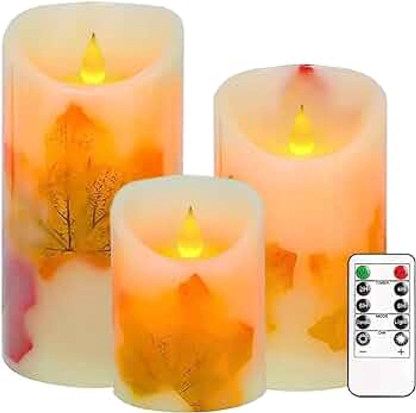Flameless Candles Lights, Set of 3 Maple Leaf Flickering LED Candles with Remote & Timer, Dimmable LED Pillar Candles Battery Operated, Electric Candles for Thanksgiving Halloween Fall Harvest Decor