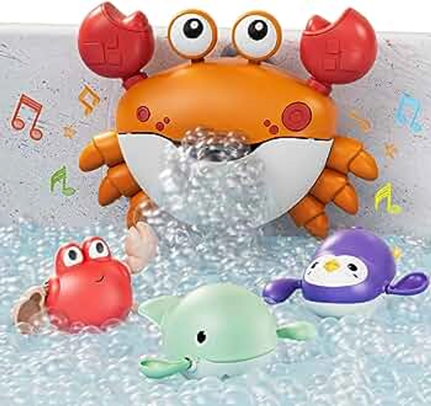 TUMAMA Ensemble Jouets Bulles de Bain pour bébé, Machine Bulles Automatique de Crabe+3 Jouets Remonter pour Enfants avec Musique,Tout-Petits Bébés 2 Ans