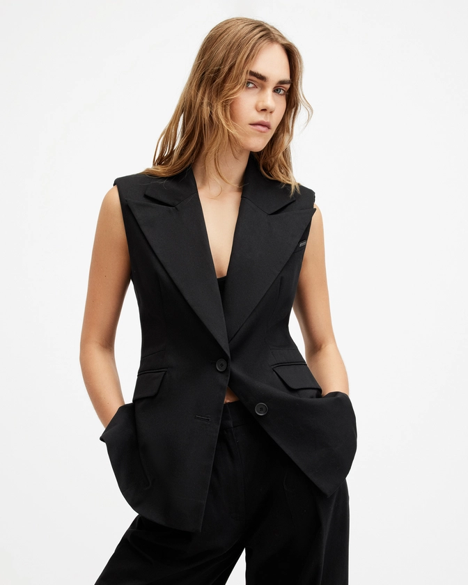 Hally Fitted Waist Sleeveless Blazer Black | ALLSAINTS FR