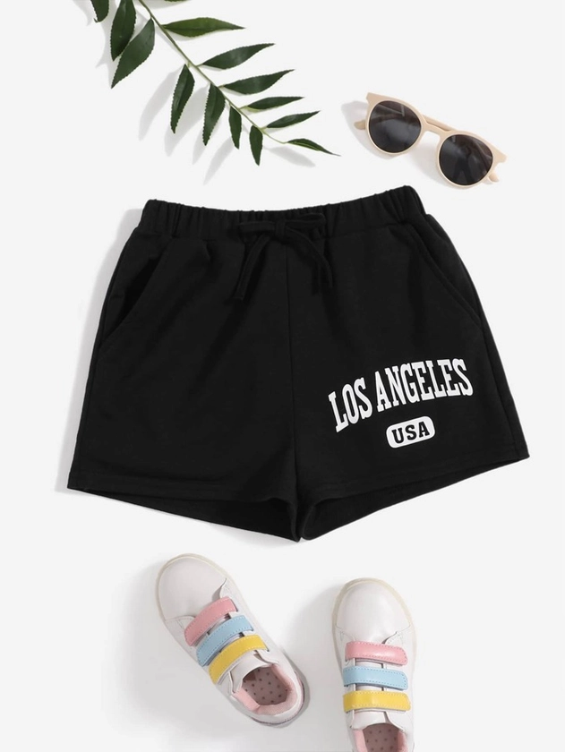 SHEIN Girls Letter Graphic Elastic Waist Shorts