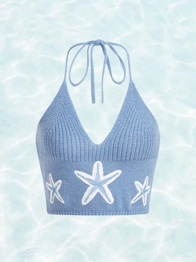 ROMWE Fairycore Mermaid Star Pattern Halter Knit Top | SHEIN USA