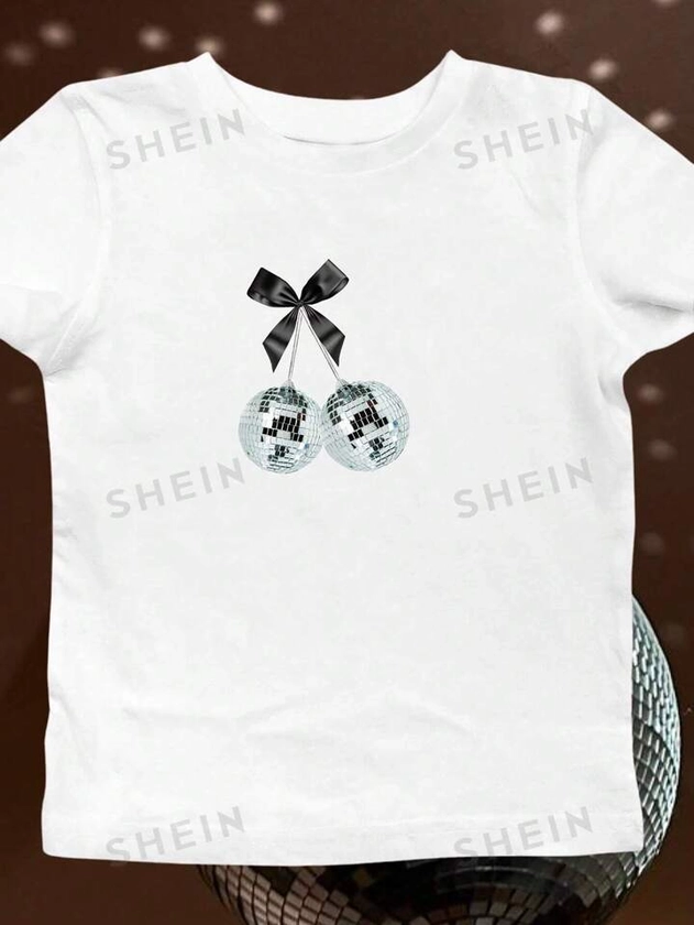 SHEIN EZwear Women's Short Sleeve T-Shirt With Bowknot Print