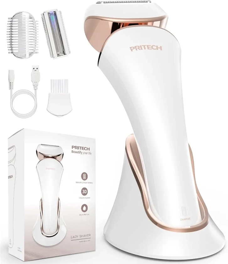 PRITECH Rasoir électrique pour femme - Sans douleur - Rechargeable - Pour épilation des jambes et des aisselles - Sans fil - Doré + Blanc