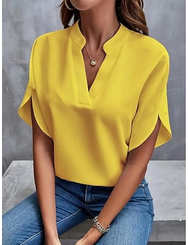 Blouse Dressy Tops Women's Black White Yellow Solid / Plain Color Sexy Daily Elegant V Neck Regular Fit S 2024 - GBP £20.99