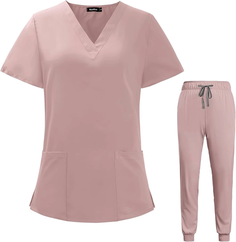 Scrubs Set for Women Joggers V-Neck Pocket Top Uniforms (Pink, L)