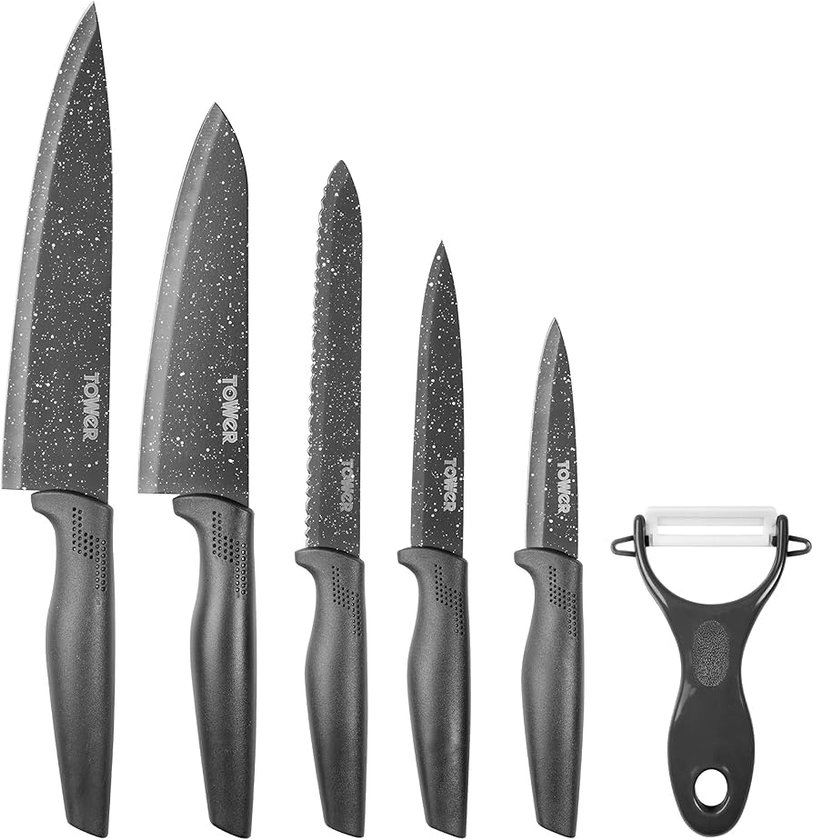 Tower T81522G Kitchen Knife Set, Stone-Coated with Non Stick Coated Stainless Steel Blades, Grey, 6-Piece Knife Set