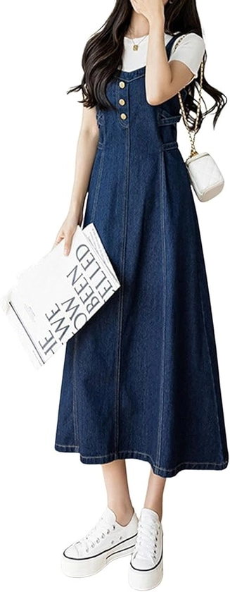 CHARTOU Women's Elegant Straps Back Smocked A-Line Long Skirt Denim Overall Pinafore Dress