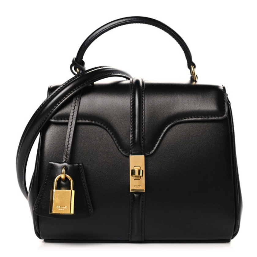 CELINE Satinated Calfskin Mini 16 Top Handle Bag Black | FASHIONPHILE