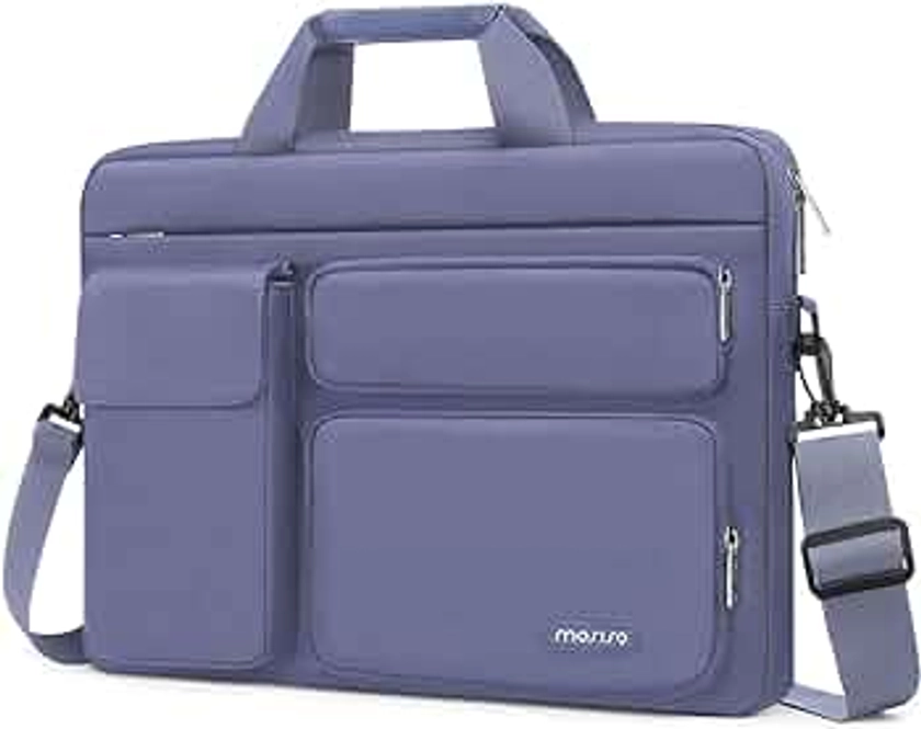MOSISO Laptop Shoulder Messenger Bag Compatible with MacBook Air/Pro,13-13.3 inch Notebook,Compatible with MacBook Pro 14 inch with 2 Raised&1 Flapover&1 Horizontal Pocket&Handle&Belt, Lavender Gray