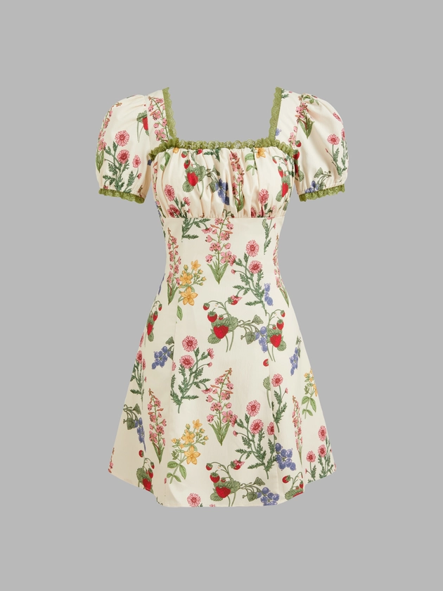 Square Neck Floral Contrasting Binding Puff Sleeve Mini Dress