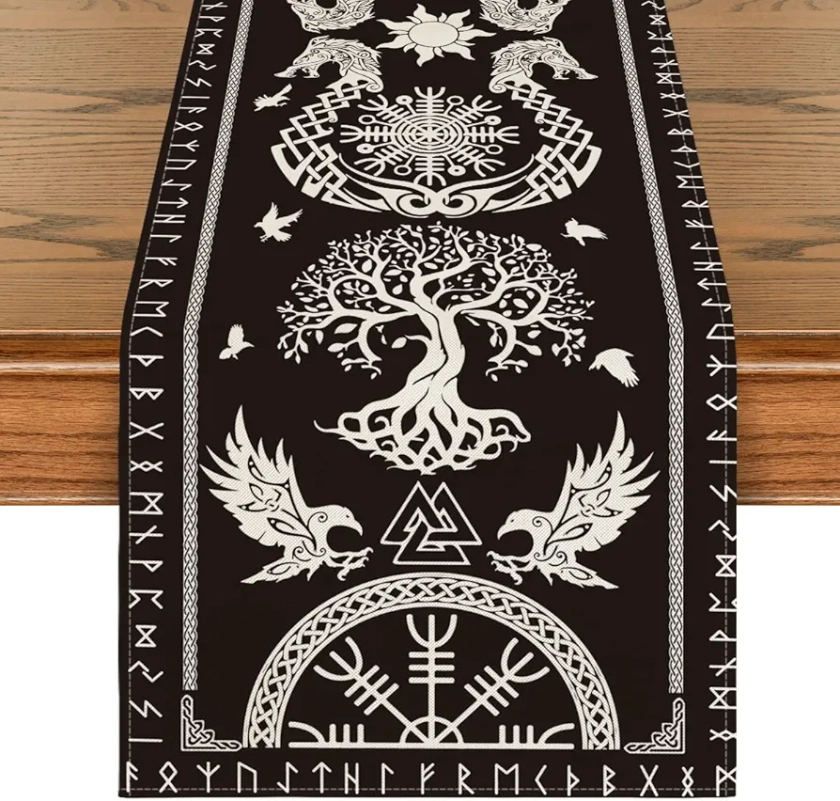 Artoid Mode Black Viking Tree of Life Raven Helm of Awe Table Runner, Seasonal Kitchen Dining Table Decoration for Home Party Decor 40x180 cm
