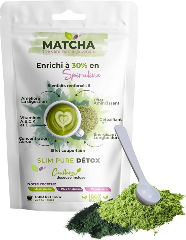 Matcha Boosté à la Spiruline, Création Exclusive, Thé vert en poudre, Bienfaits Multipliés | Effet: Minceur, Détoxifiant, Énergisant | 100% Naturel, Cérémonial japonais, 50g.