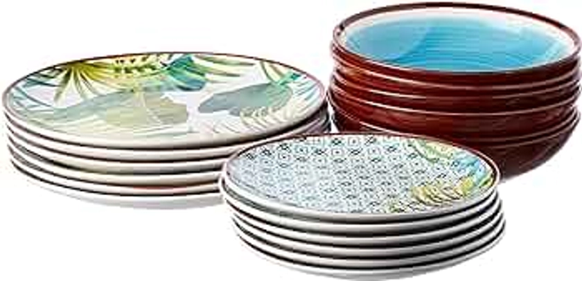 Tognana Jungle Servizio Piatti Per 6 Persone, Porcellana E Stoneware Decorato A Mano, Multicolore, 18 Pezzi