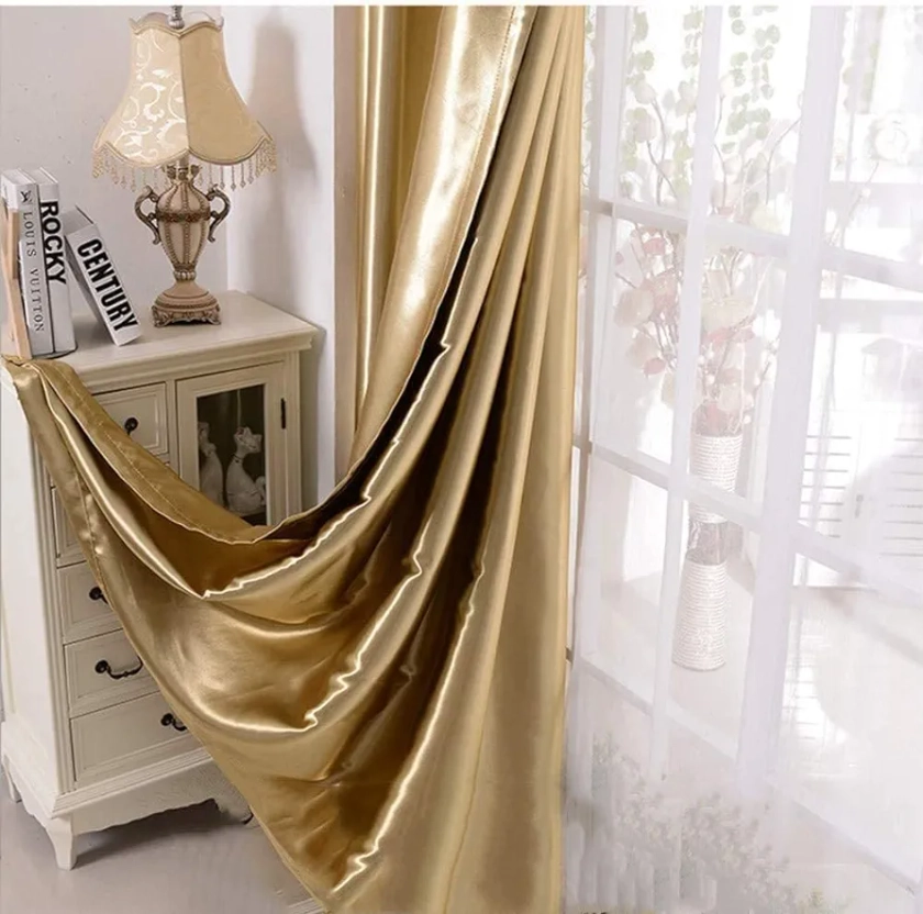 MYRU 1 Pair Semi-Blackout Gold Curtains for Living Room Bedroom Grommet Top Golden Curtains for Windows (Shiny Gold, 2 x 52 x 90 Inch)