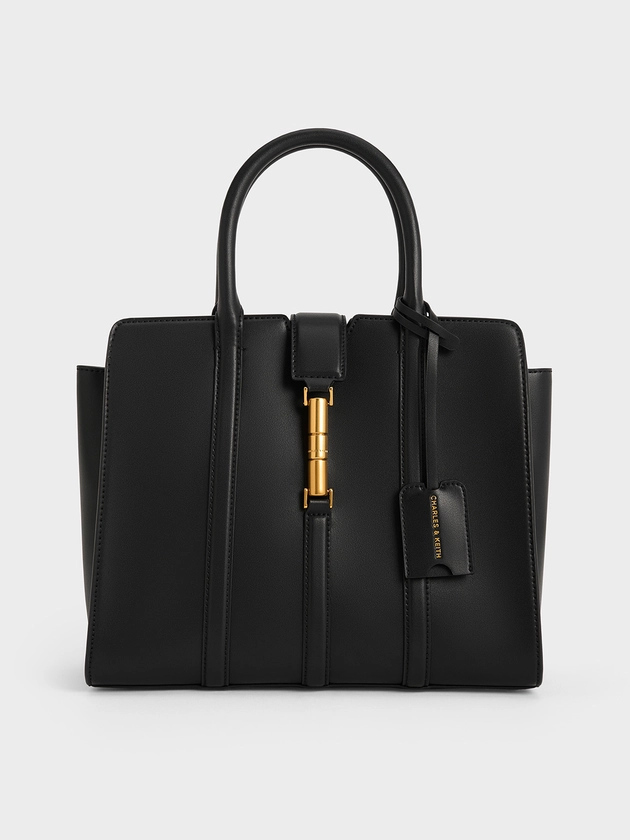 Black Large Cesia Metallic Accent Tote Bag | CHARLES & KEITH