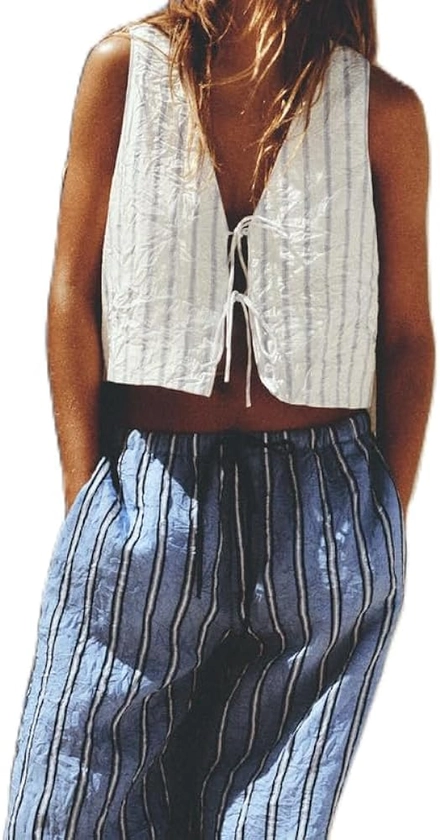 NUFIWI Women Tie Knot Front Striped Vest Sleeveless Cut Out Bandage Tank Tops V Neck Casual Waistcoat Vest Summer Streetwear