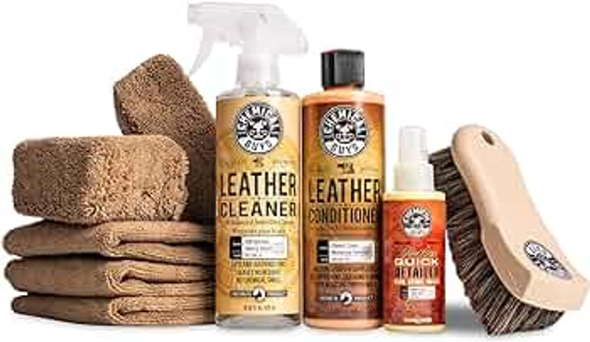 Chemical Guys HOL303 Leather Cleaner and Conditioner Detailing Kit, for Interiors, Apparel, Furniture, Boots, and More (Works on Natural, Synthetic, Pleather, Faux Leather and More), 9 Items,Colorless