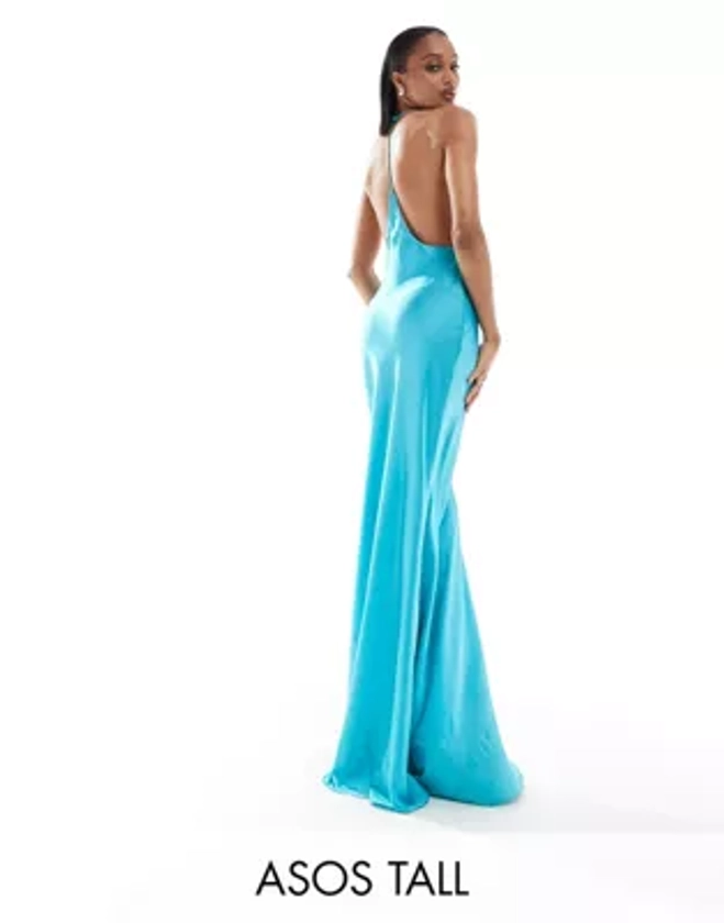 ASOS DESIGN Tall satin halter maxi dress with shaped back detail in turquoise