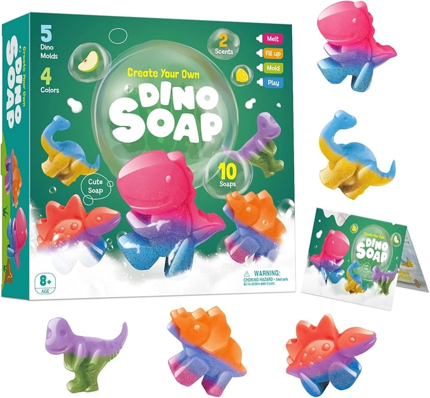 Soap Making Kit for Kids - Make Your Own Dinosaur Soap with 3D Mold - Includes Everything to Create Dino Soaps – Great Science Set Gift for Girls and Boys