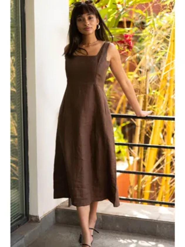 Creatures of Habit Linen Tree Trunk Brown Square Neck Sleeveless Midi Dress