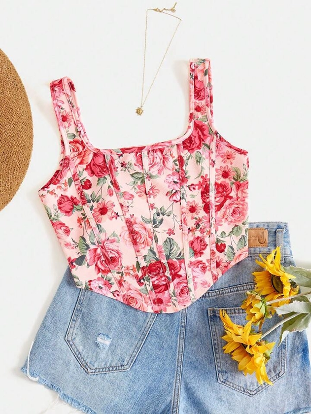 SHEIN VCAY Floral Print Backless Vacation Tank Top