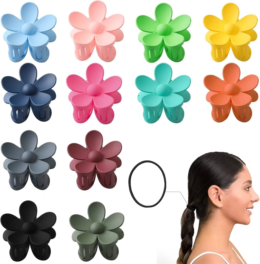 RVUEM Flower Claw Clips, 12 Colors Flower Hair Clips, Large Matte Hair Jaw Clips for Women Girls, Thick Hair Clips, Plastic Daisy Claw Clip, Non Slip Strong Hold Hair Catch Clamps Barrettes