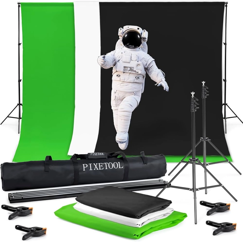 PIXETOOL Fond Vert (3m x 3m) avec Support (2,6m x 3m) - Toile de Fond Photo – Kit Studio Photo - Accessoires pour Photographie Streaming Gaming Jeu – Green Screen – 3 Toiles de Fond: Vert Blanc Noir