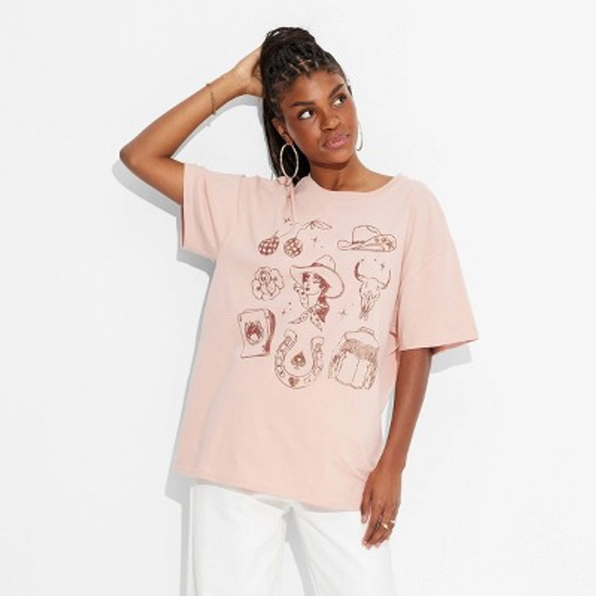 Women's Disco Cowgirl Oversized Short Sleeve Graphic T-Shirt - Light Pink