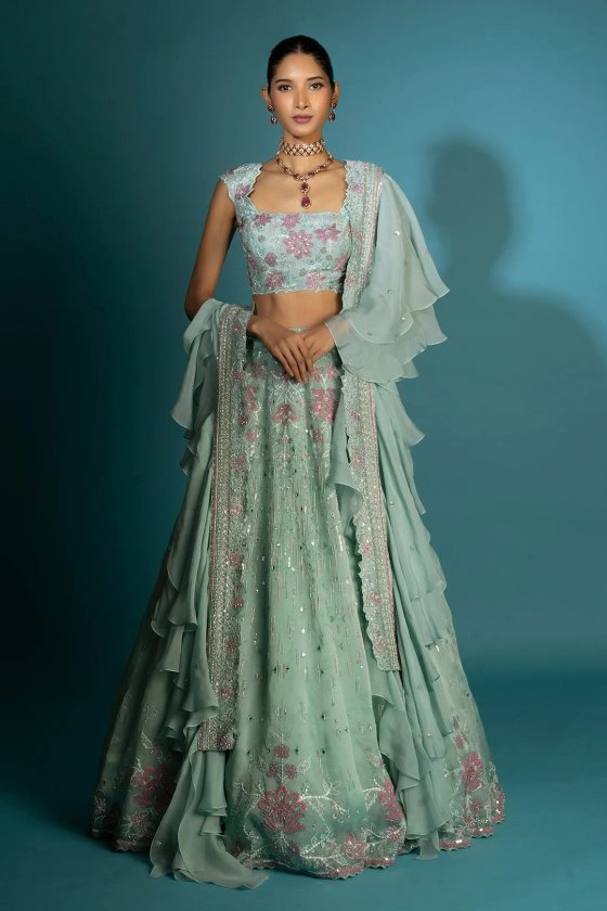 Buy Green Lehenga Embroidery Sequins Square Neck Raw Silk Set For Women by Vaishali Agarwal Online at Aza Fashions.