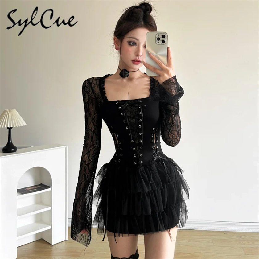 Sylcue-vestido de tutú con volantes laminados para mujer, negro, Retro, misterioso, Sexy, maduro, dulce, suave, personalidad - AliExpress