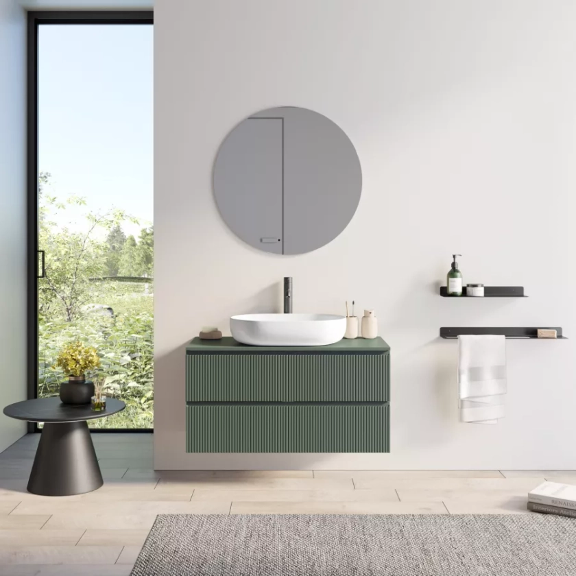 Mobile bagno portalavabo 100 cm verde opaco cannettato con specchio - Gaia