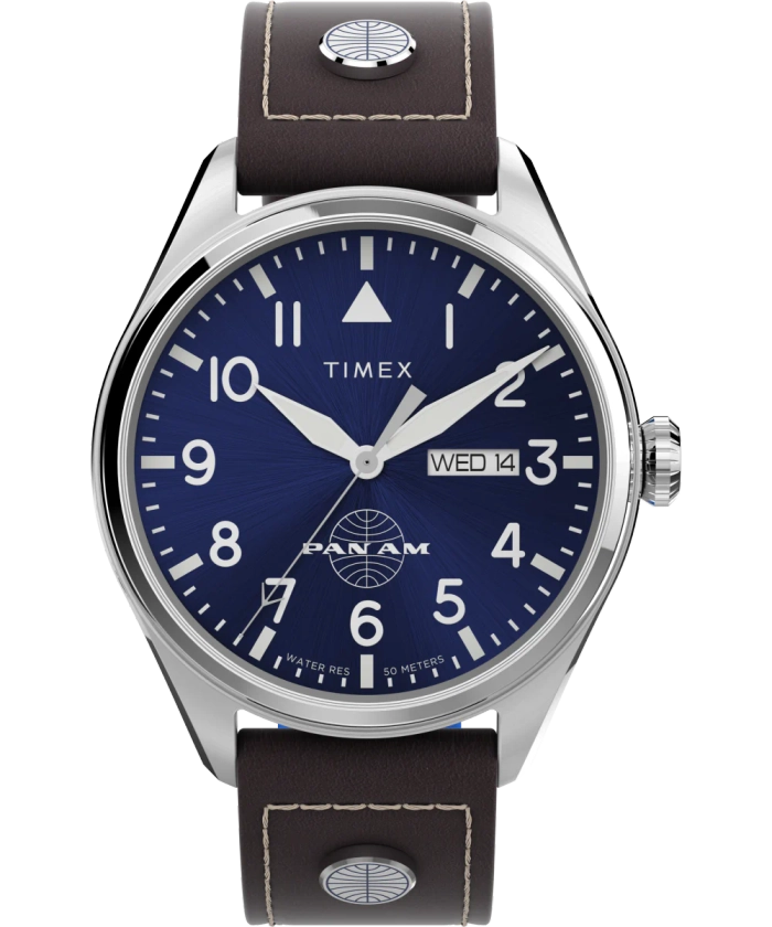 Timex X Pan Am Day-Date 42mm Leather Strap Watch