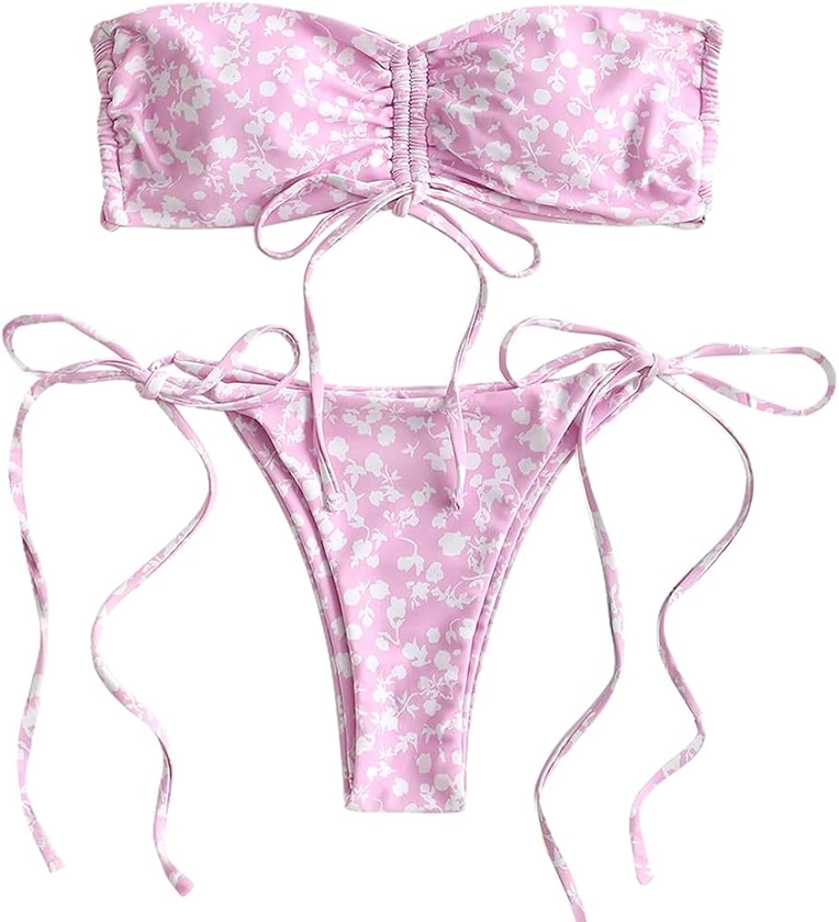 ZAFUL Women's Floral Print Cinched Tie String Bandeau Bikini Set Swimsuit (B-Light Pink, L)