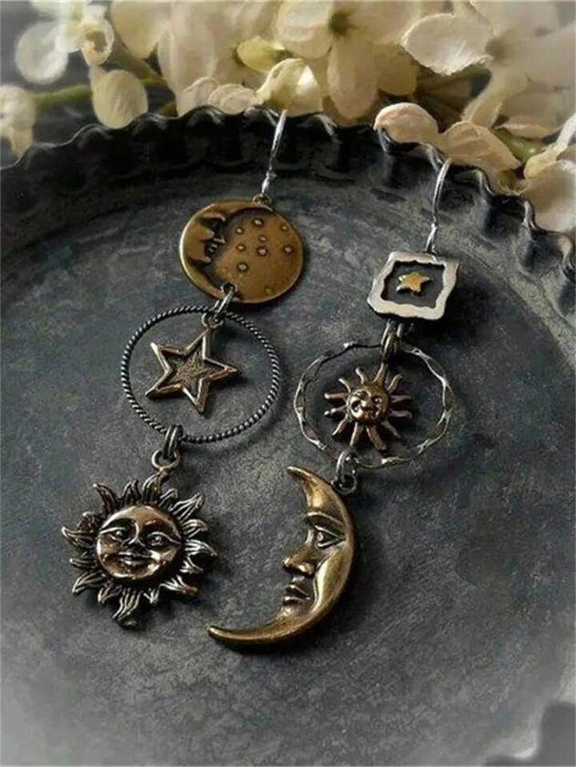 1pair Vintage Bohemian Sun & Moon Star Design Long Dangle Earrings, Jewelry Gift For Women Party/Travel Wear