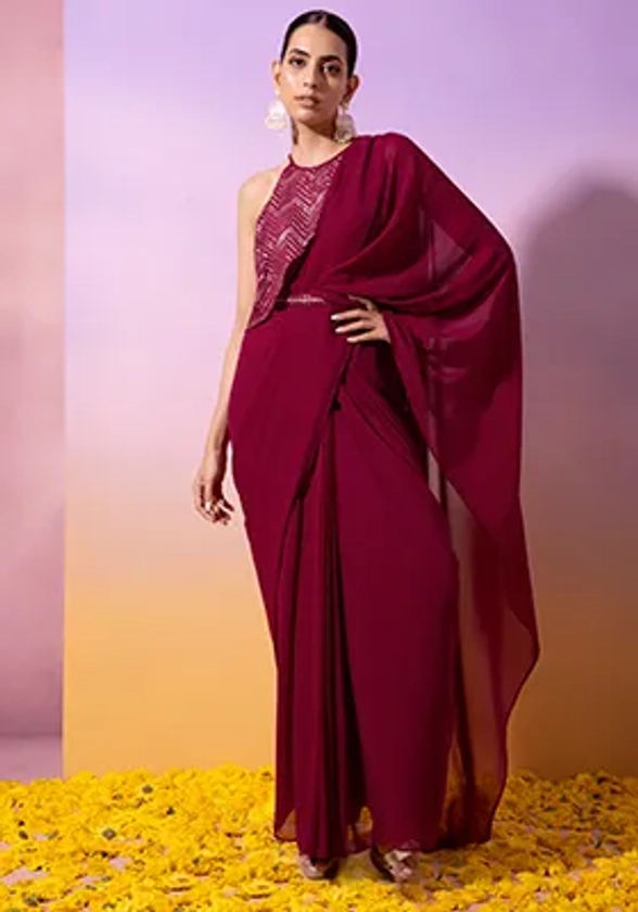 Wine Sequin Cape Belted Pre-Stitched Saree With Attached Blouse