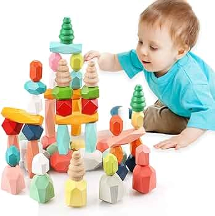 JACKEYLOVE 36 PCs Wooden Sorting Stacking Rocks Balancing Stones, Building Blocks for Kids 3 4 5 6 Years Boy and Girl(Random Color)