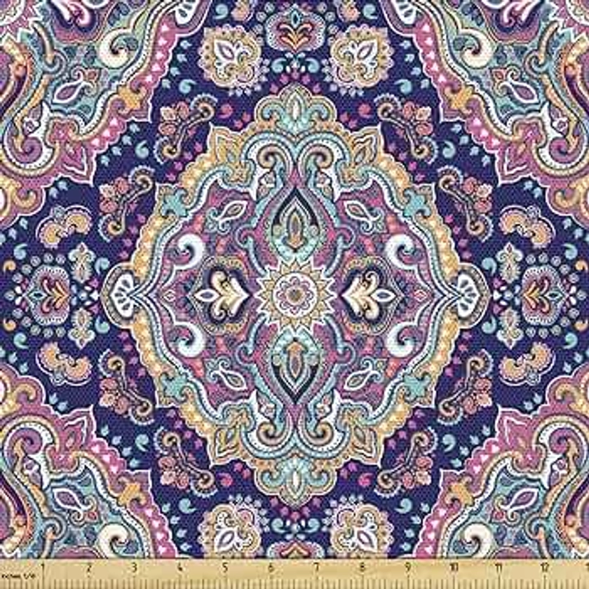 Ambesonne Ethnic Fabric by The Yard, Boho Style Mandala Colorful Spring Garden Themed Old Fashioned Tile, Decorative Fabric for Upholstery and Home Accents, 1 Yard, Navy Pink