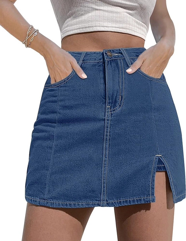 luvamia Skorts Skirts for Women Denim Mini Skirt Side Slit with High Waisted Jean Shorts Stretchy