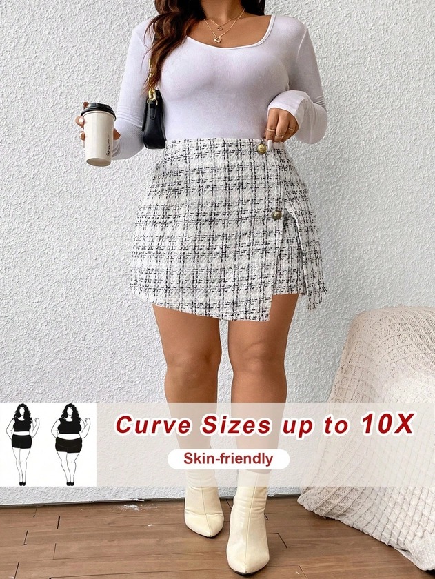 SHEIN CURVE+ Jupe en tweed à taille haute, fausse boutonnière et ourlet asymétrique pour femmes grande taille